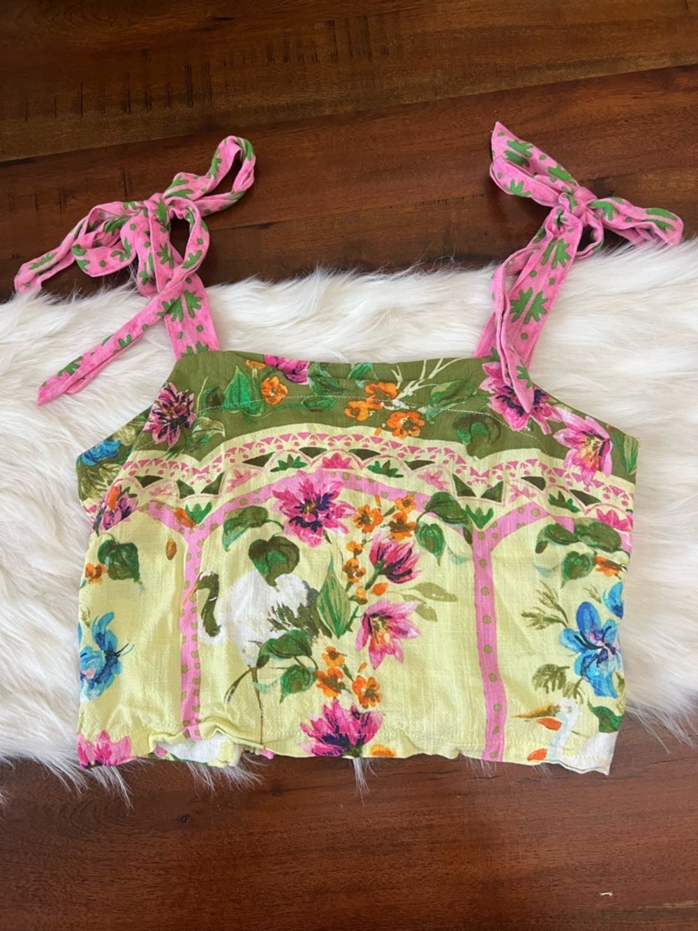 Rose + Olive Floral Tie Strap Smocked Crop Top Boho Resort S - Picture 2 of 4